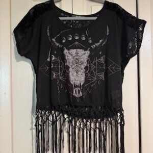 Miss Me Top Black Fringe Graphic Tee